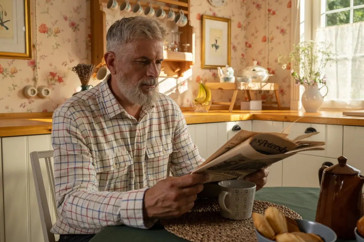 A grey-haired man in his sixties with a short beard reading at a sunlit kitchen table, a mug and teapot beside him