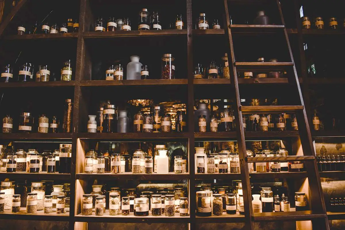 Rows of wooden apothecary shelves filled with labelled glass jars of dried herbs, with a wooden ladder leaning against them