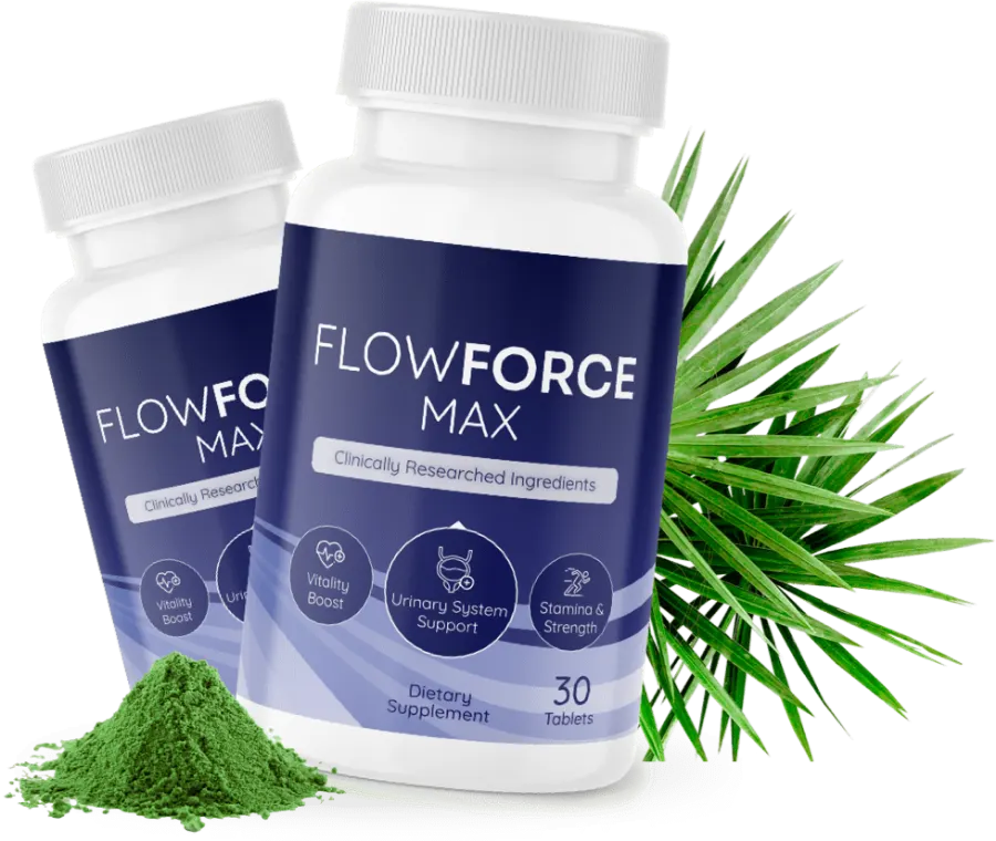 Two bottles of FlowForce Max prostate supplement beside saw palmetto fronds and green plant powder