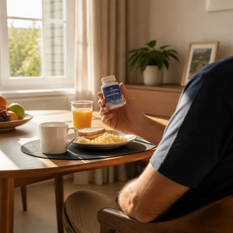 A man at his breakfast table holding a bottle of FlowForce Max in the morning light