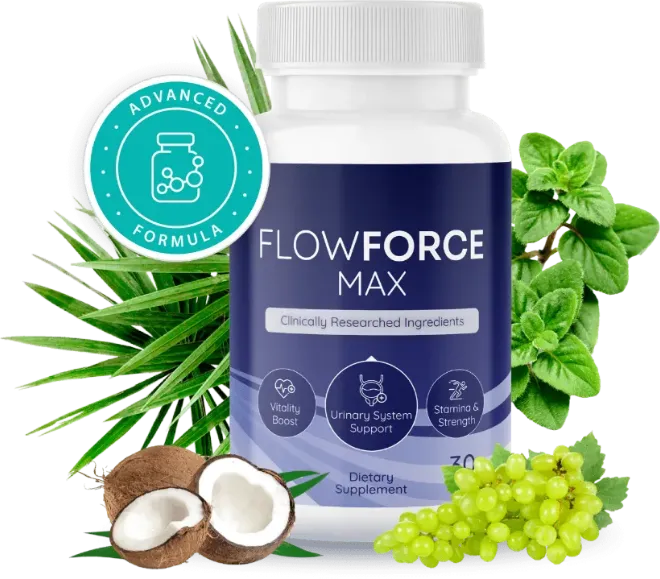 Bottle of FlowForce Max chewable prostate supplement with its advanced formula seal, surrounded by saw palmetto, oregano, coconut and grapes