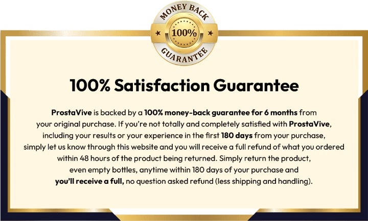 ProstaVive 100% satisfaction guarantee card stating a full refund within 180 days, less shipping and handling