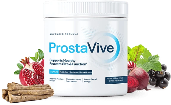 ProstaVive powder supplement pot, 5.29 oz, with pomegranate, beetroot, black currants and dried roots beside it