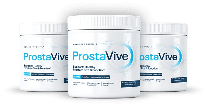 Three pots of ProstaVive powder supplement side by side
